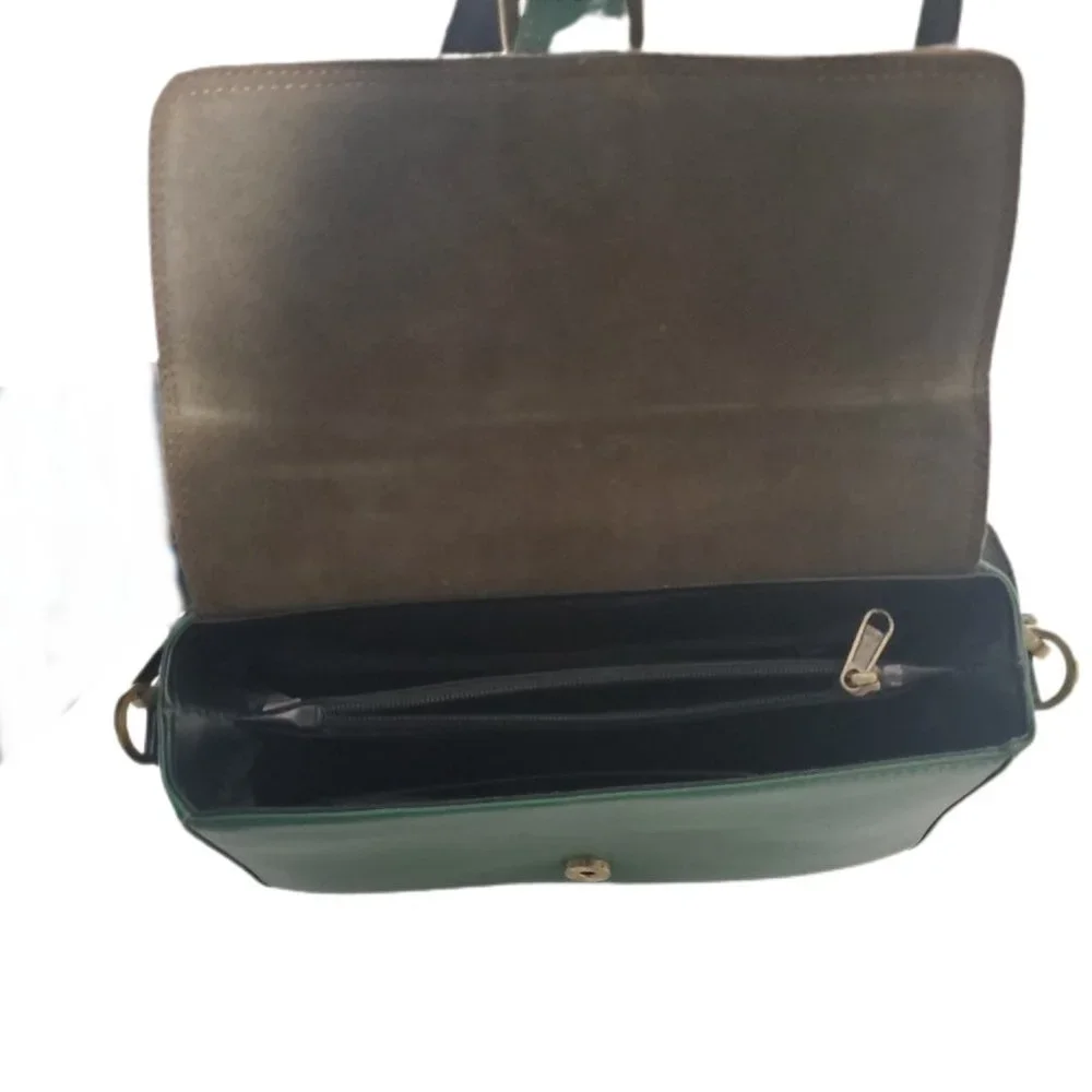AuGre France Crossbody Bag Green & Black Leather Top Handle 2 Section Satchel - Picture 5 of 14
